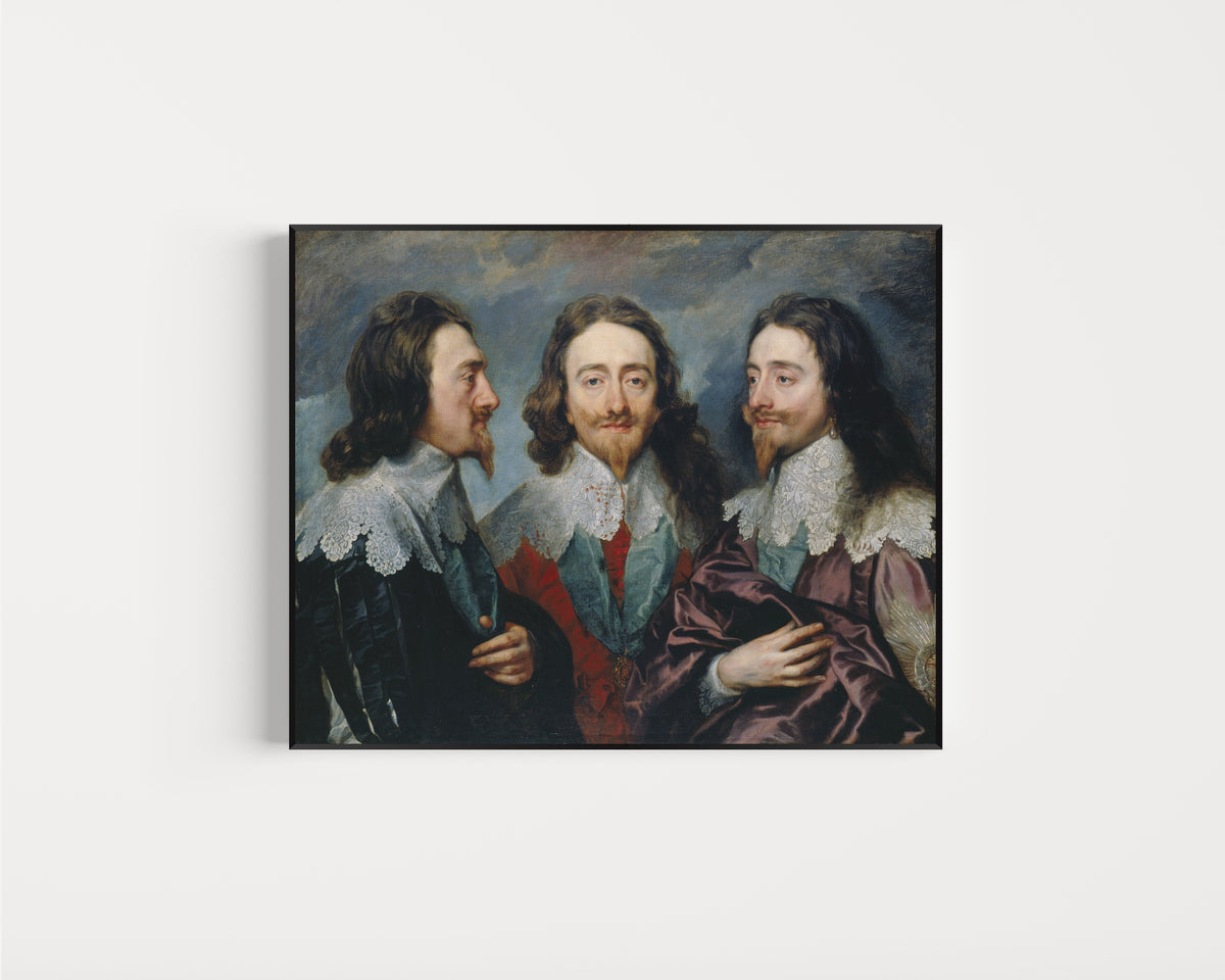 Framed art print of Charles I in Three Positions by Anthony van Dyck, in a slim black frame on a plain white wall