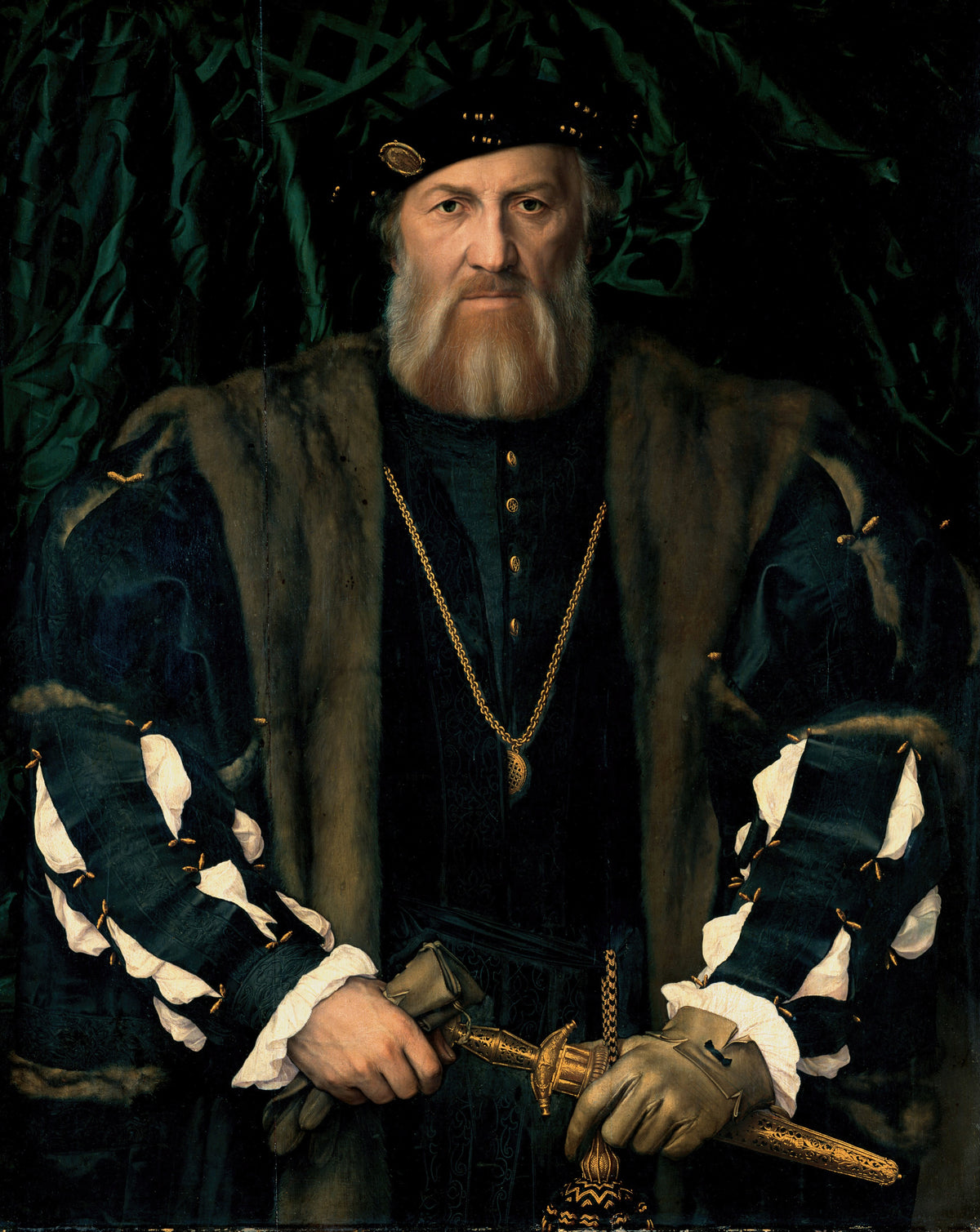 Charles de Solier, Sieur de Morette by Hans Holbein the Younger — A bearded man in black and fur, gloves and a gilded dagger in hand