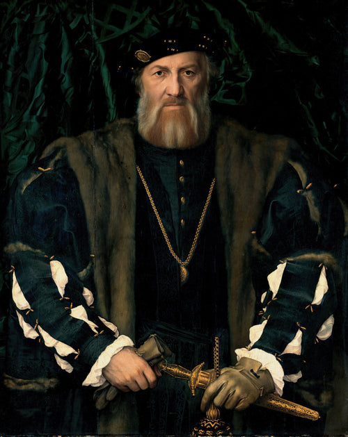 Charles de Solier, Sieur de Morette by Hans Holbein the Younger — A bearded man in black and fur, gloves and a gilded dagger in hand