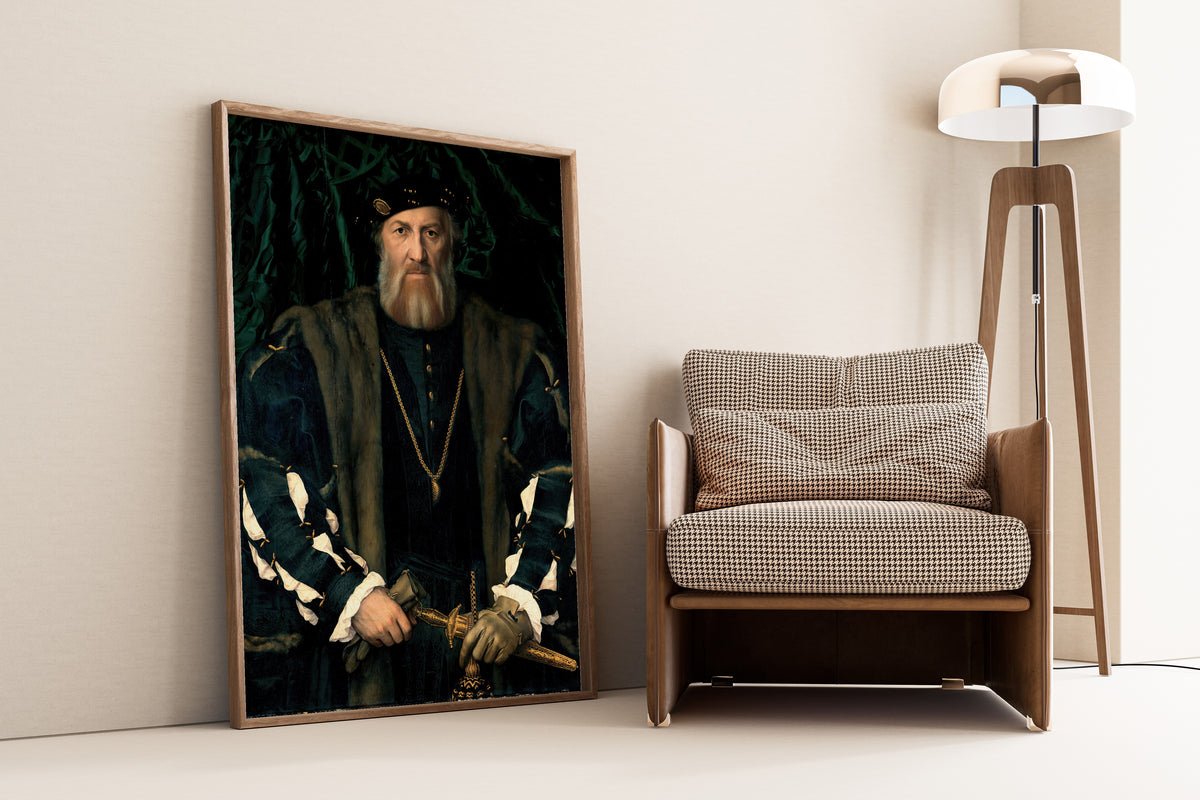Framed art print of Charles de Solier, Sieur de Morette by Hans Holbein the Younger, leaning against a wall beside an armchair and a floor lamp
