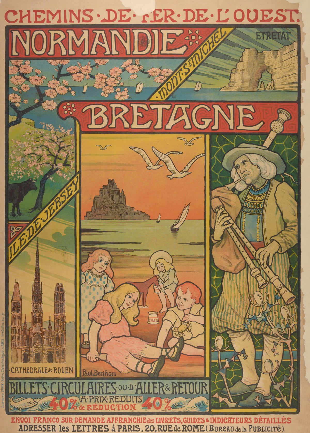 Chemins de fer de l'Ouest: Normandie, Bretagne by Paul Berthon — A Breton piper and children on the sands beneath Mont-Saint-Michel