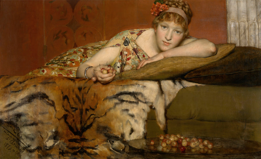 Lawrence Alma-Tadema — Cherries | Art Print shown to scale on a wall above a sofa