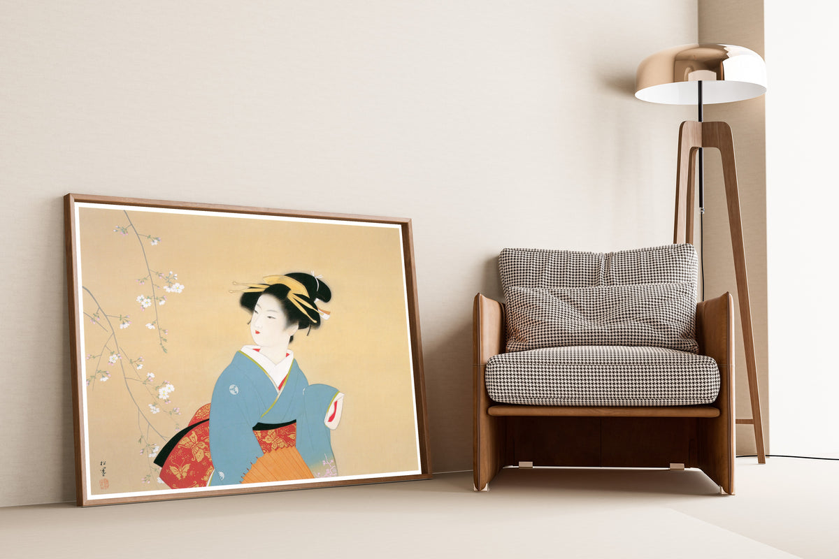 Cherry Blossom Viewing by Uemura Shōen — shown framed on a wall
