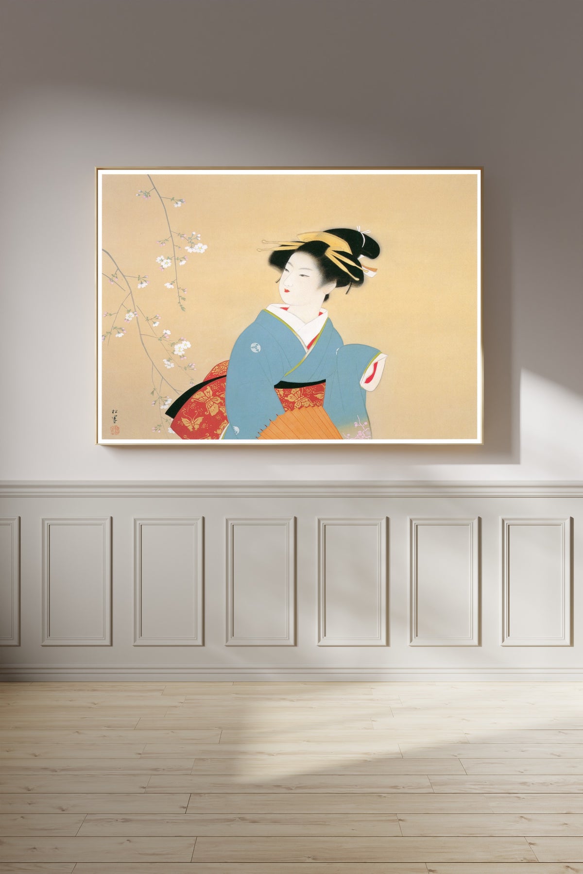 Cherry Blossom Viewing by Uemura Shōen — shown framed on a wall