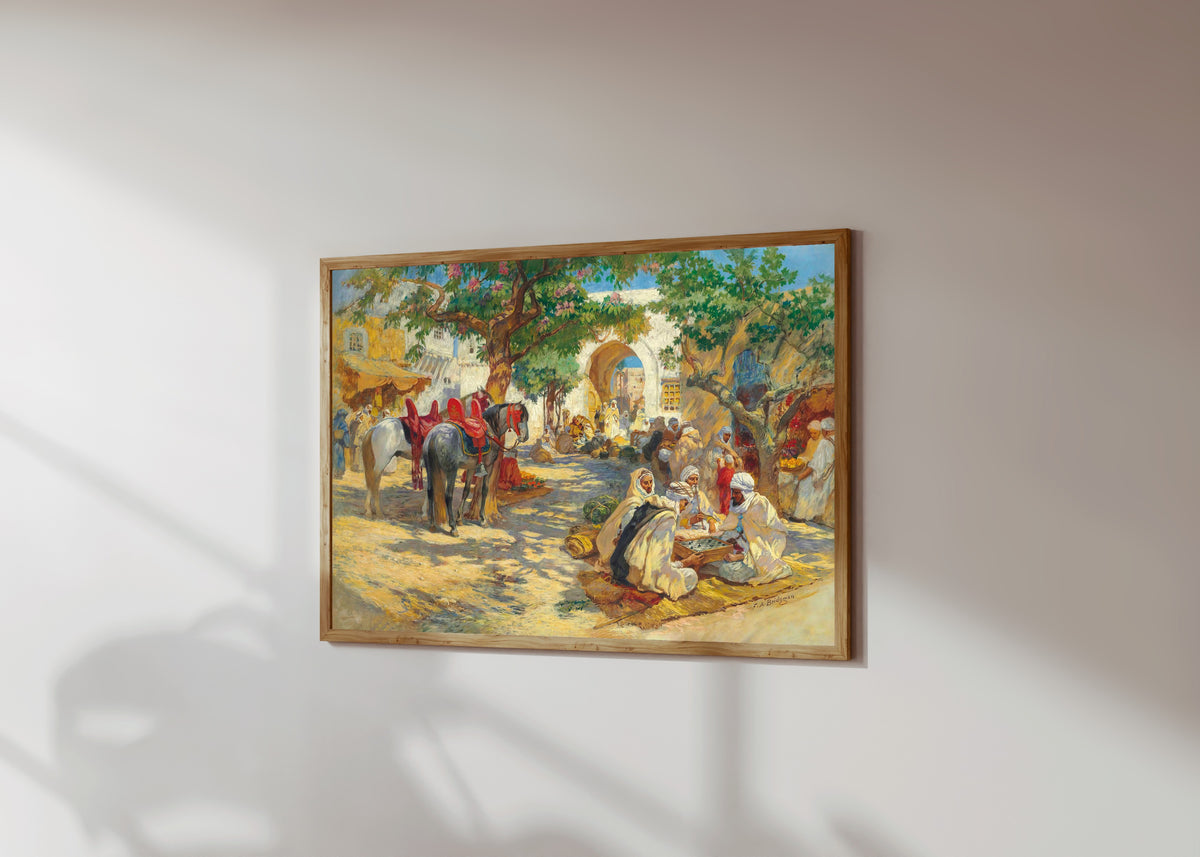 Framed art print of Chess Players, Biskra by Frederick Arthur Bridgman, in a light wood frame on a sunlit white wall, seen at a slight angle