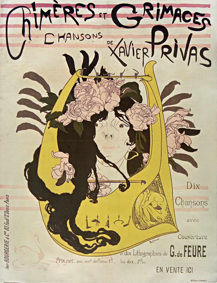Georges de Feure — Chimères et Grimaces: Chansons de Xavier Privas | Vintage Poster Print shown to scale on a wall above a sofa