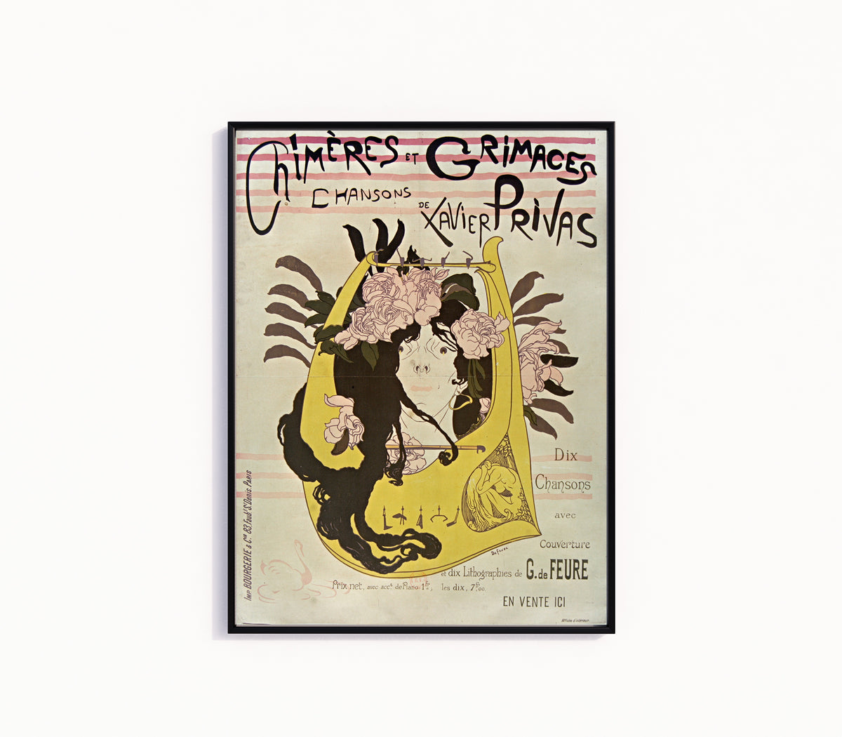 Framed art print of Chimères et Grimaces: Chansons de Xavier Privas by Georges de Feure, in a slim black frame on a plain white wall