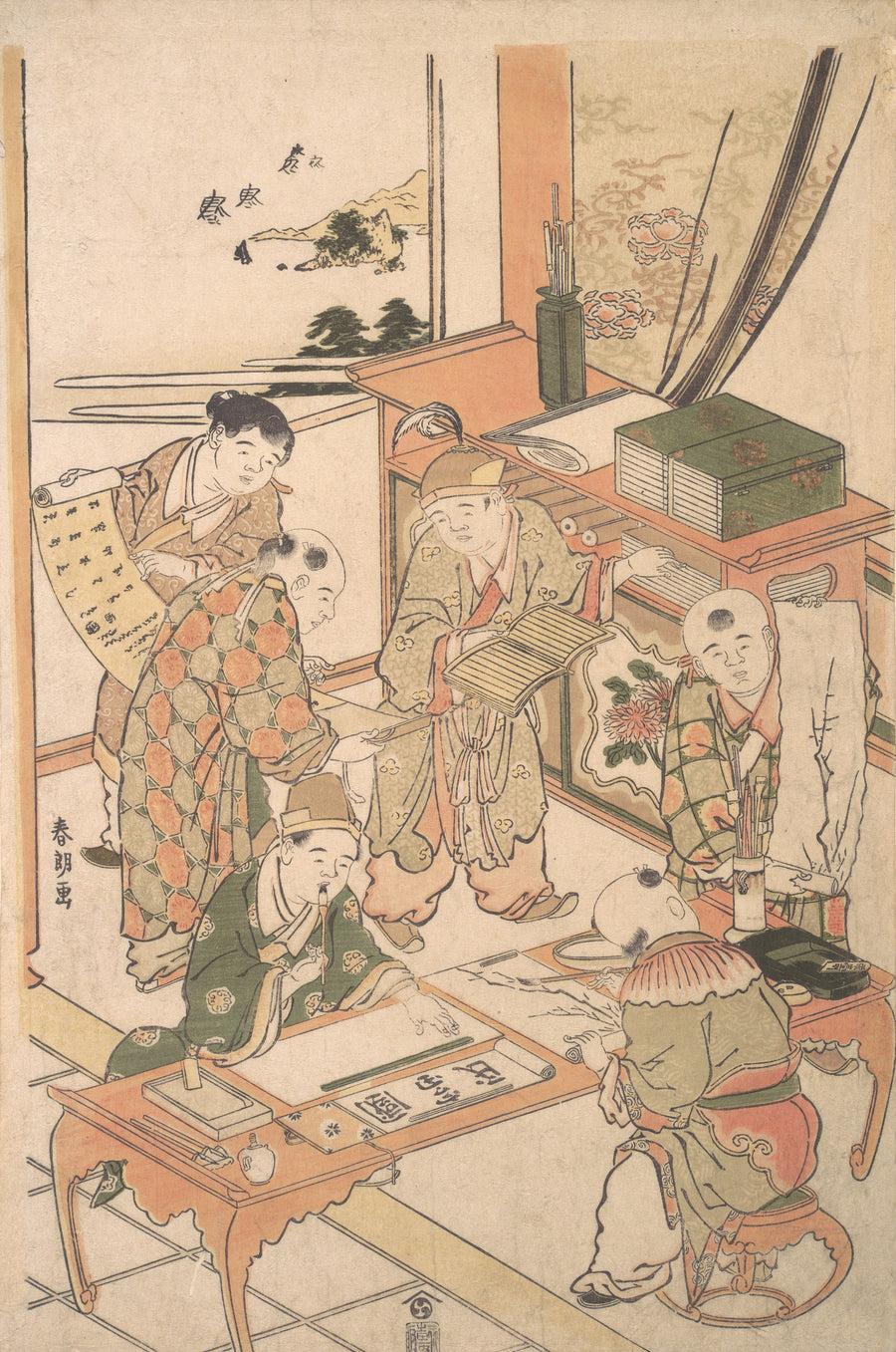 Katsushika Hokusai — Chinese Boys Learning to Write and Paint | Japanese Woodblock Print (Ukiyo-e) shown to scale on a wall above a sofa