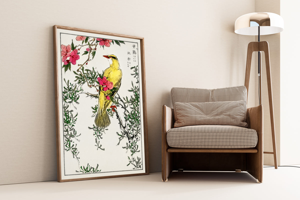 Numata Kashū — Black-naped Oriole with Peach and Willow | Japanese Bird & Flower Woodblock Print