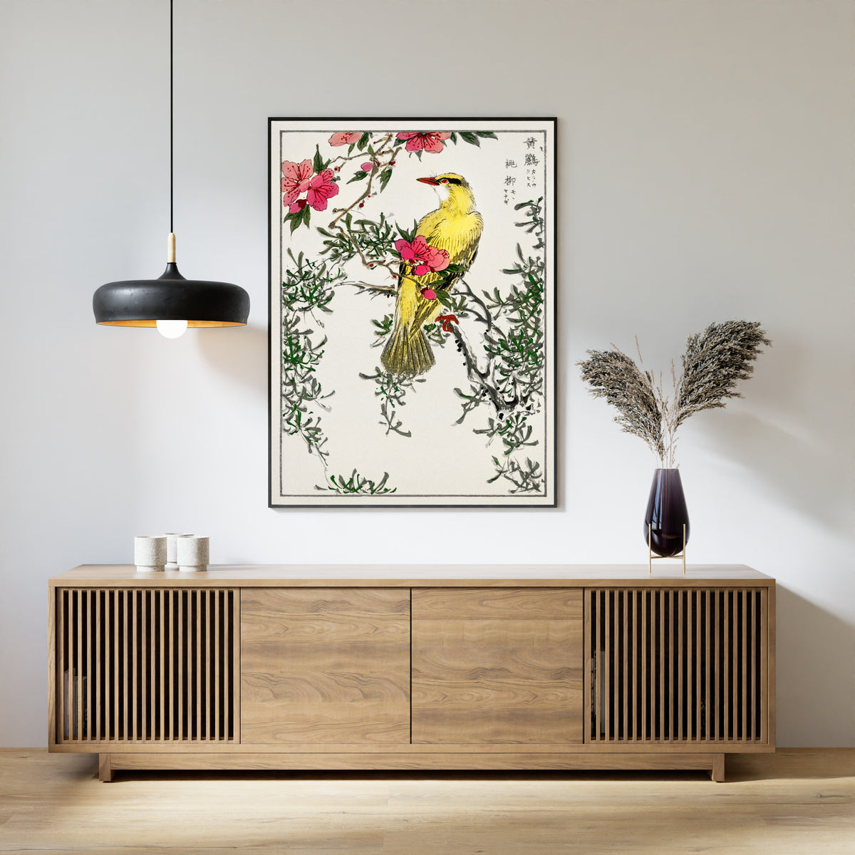 Numata Kashū — Black-naped Oriole with Peach and Willow | Japanese Bird & Flower Woodblock Print