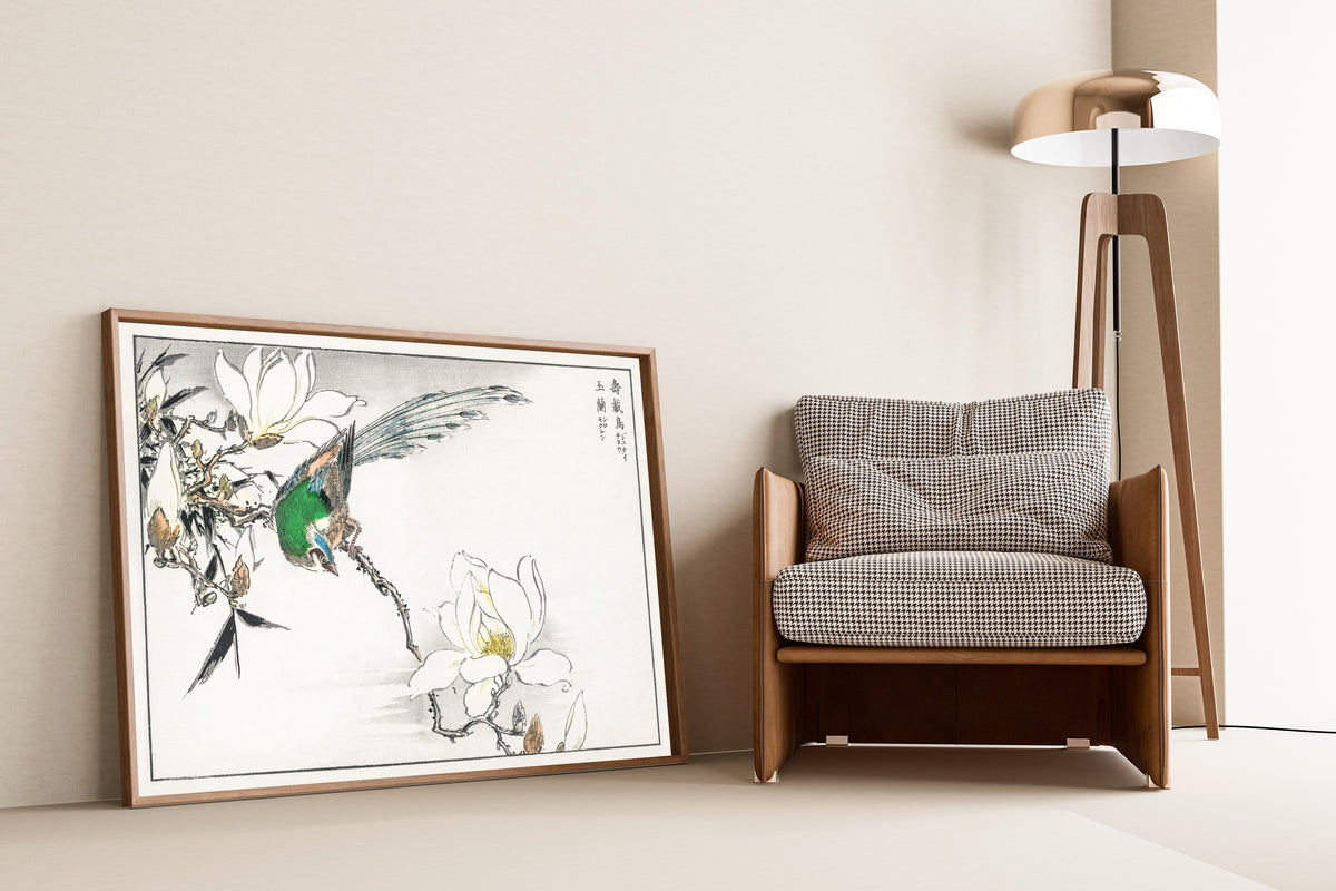 Numata Kashū — Asian Paradise Flycatcher and White Magnolia | Japanese Bird & Flower Woodblock Print