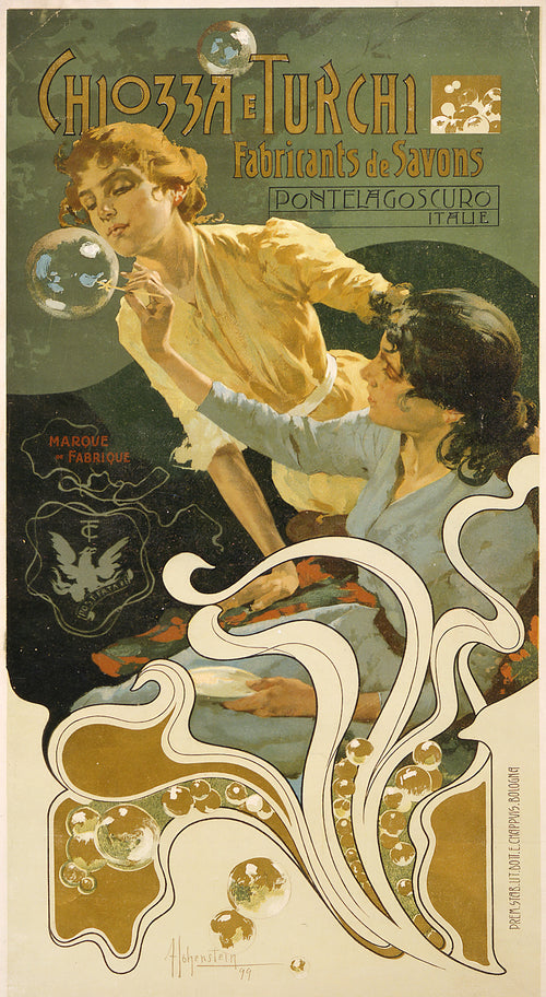 Chiozza e Turchi, Fabricants de Savons, Pontelagoscuro by Adolfo Hohenstein — Two women blow soap bubbles in front of a gold-and-cream whiplash
