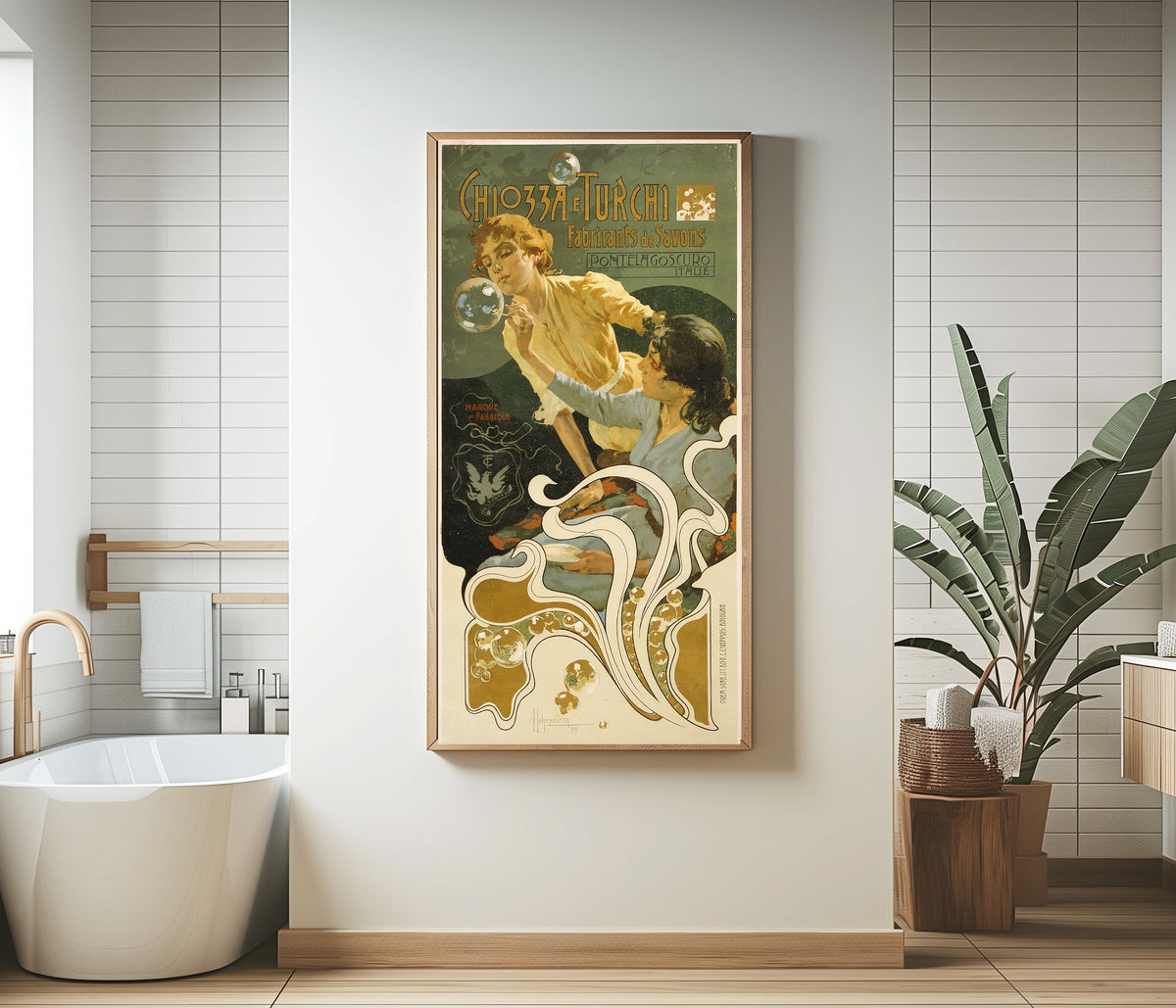 Framed art print of Chiozza e Turchi, Fabricants de Savons, Pontelagoscuro by Adolfo Hohenstein, in a bathroom beside a freestanding tub