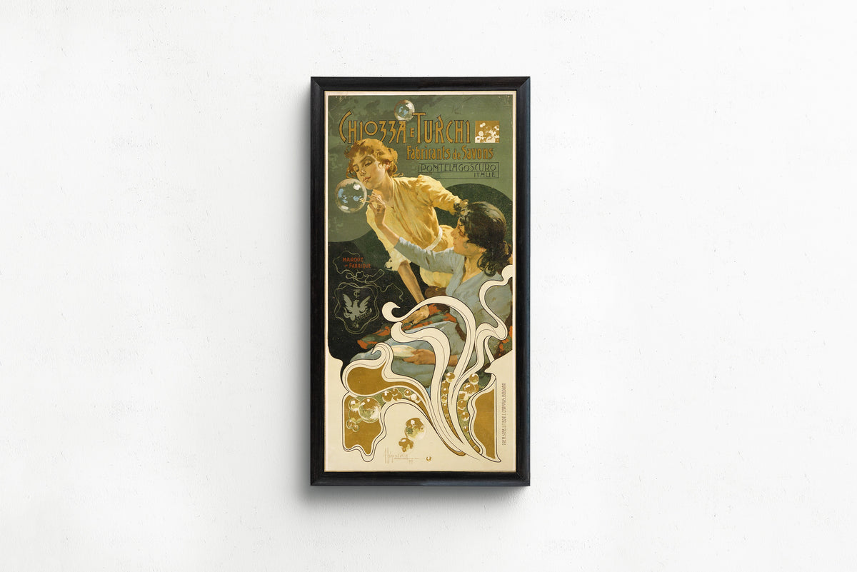 Framed art print of Chiozza e Turchi, Fabricants de Savons, Pontelagoscuro by Adolfo Hohenstein, in a slim black frame on a plain white wall