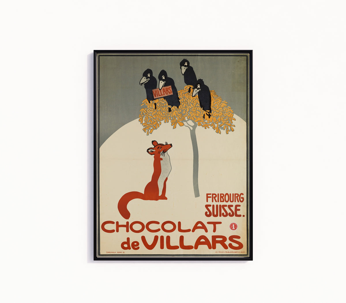 Framed art print of Chocolat de Villars: Fribourg, Suisse by Emil Cardinaux, in a slim black frame on a plain white wall