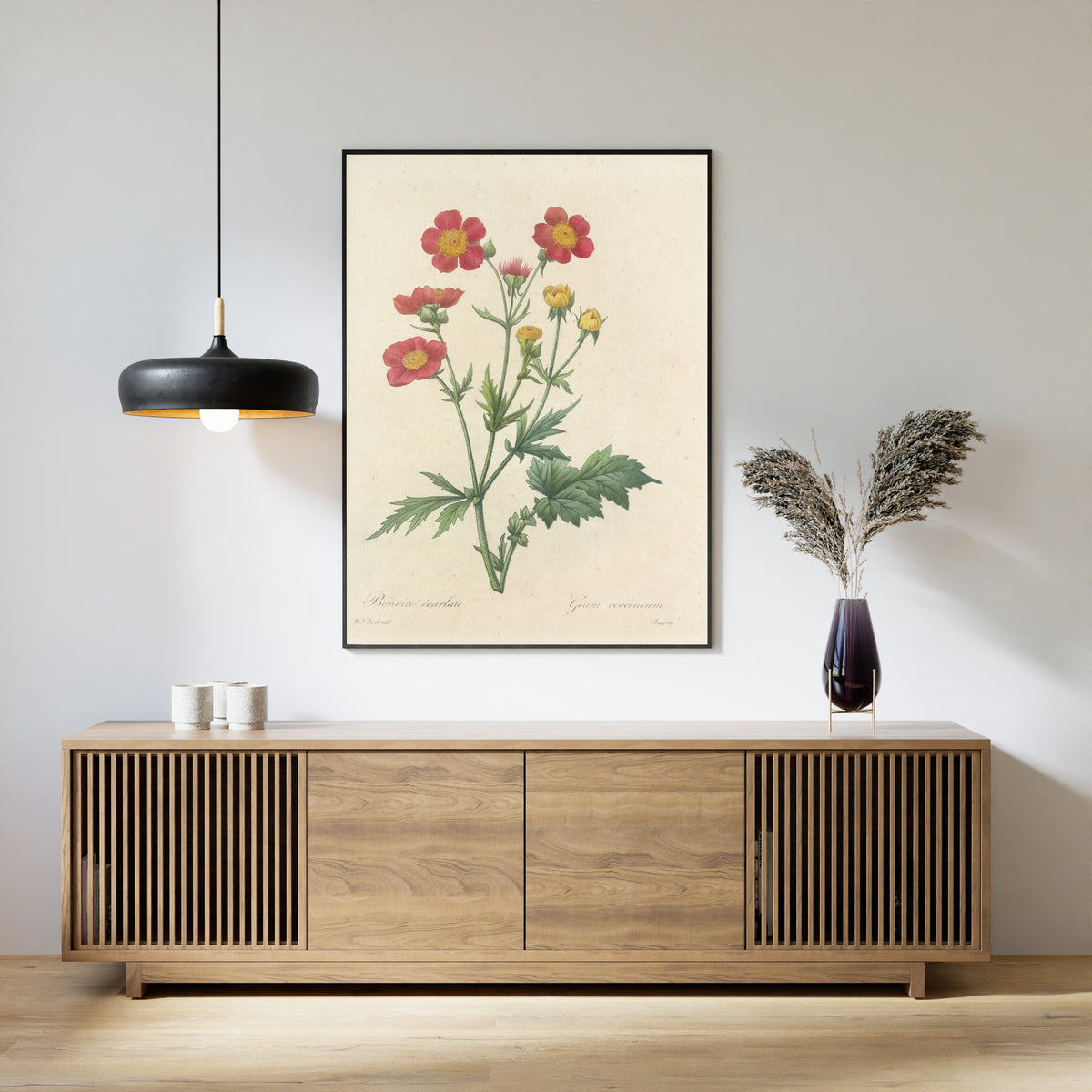 Framed art print of Choix des plus belles fleurs, Plate 12: Geum Coccineum by Pierre-Joseph Redouté, above a slatted wood sideboard