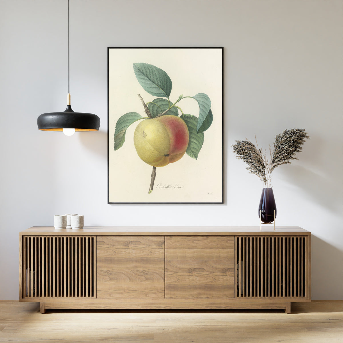 Framed art print of Choix des plus belles fleurs, Plate 14: Calville Blanc by Pierre-Joseph Redouté, above a slatted wood sideboard