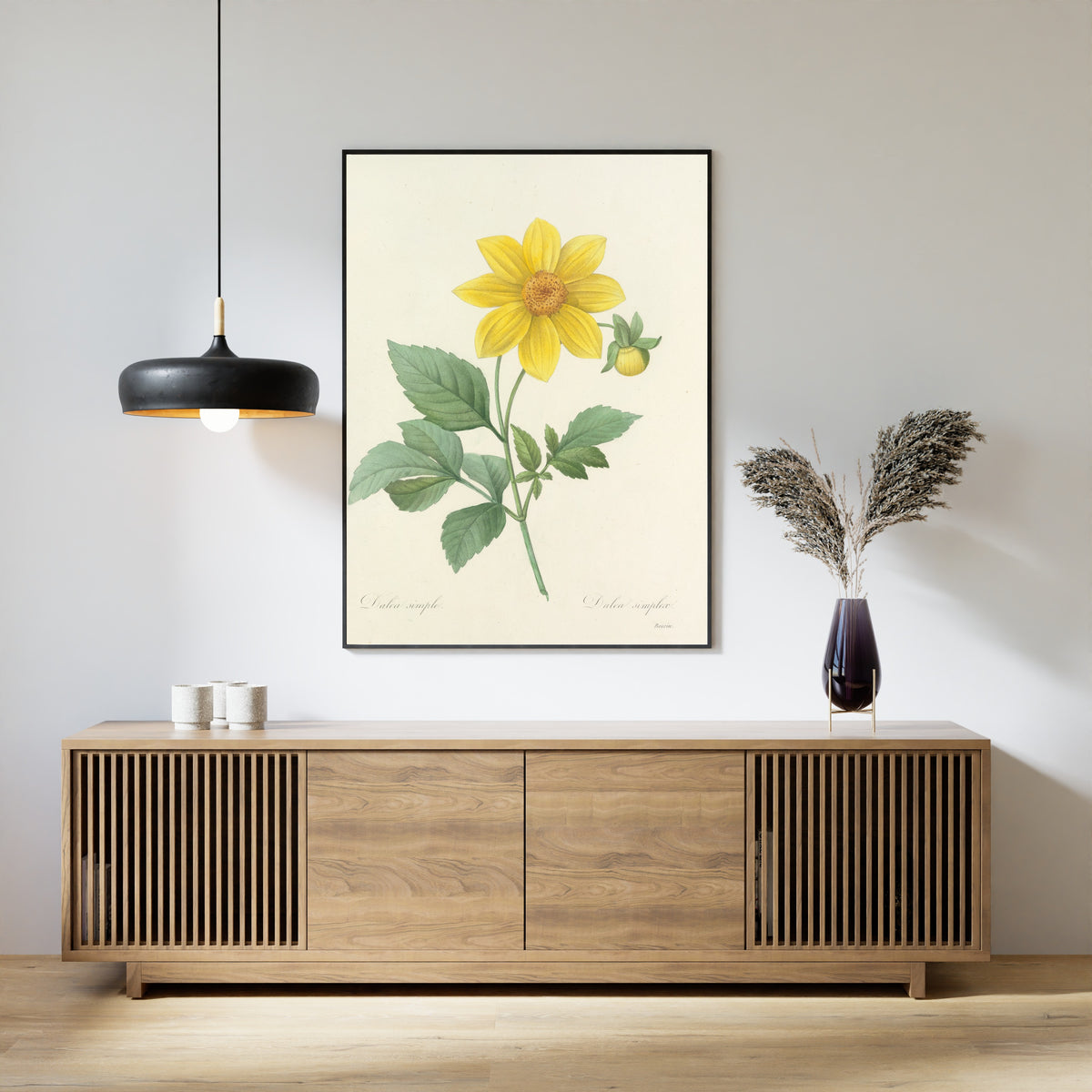 Framed art print of Choix des plus belles fleurs, Plate 31: Dalea Simplex by Pierre-Joseph Redouté, above a slatted wood sideboard