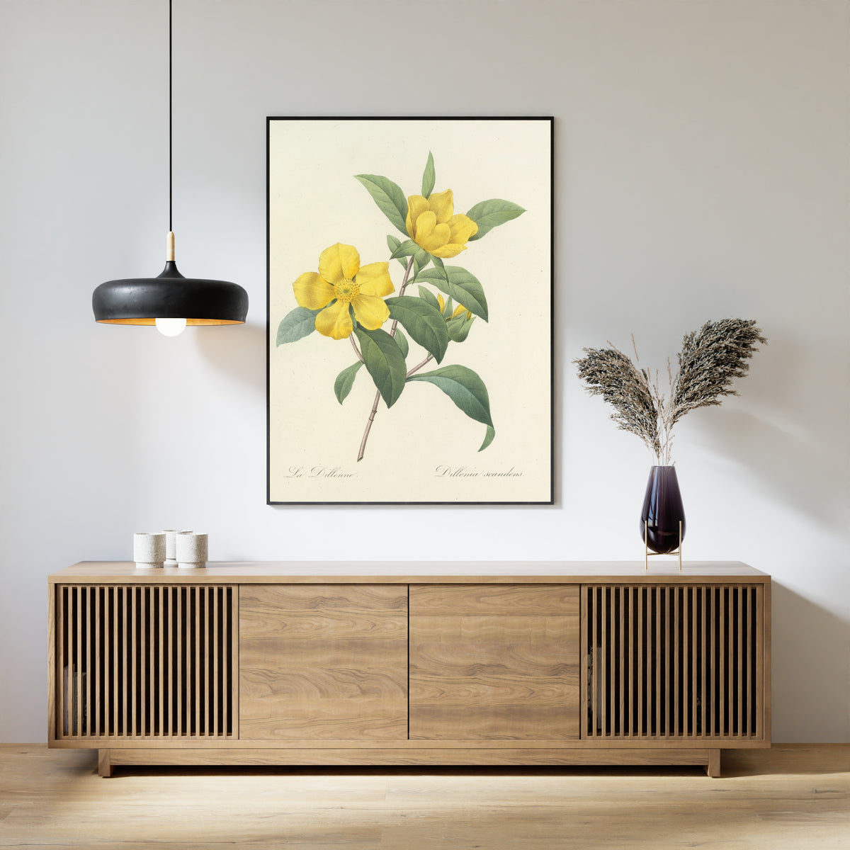 Framed art print of Choix des plus belles fleurs, Plate 35: Dillenia Scandens by Pierre-Joseph Redouté, above a slatted wood sideboard