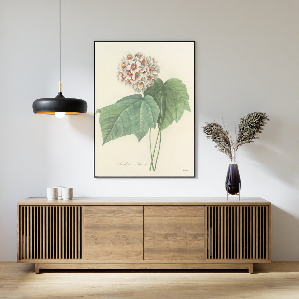 Framed art print of Choix des plus belles fleurs, Plate 36: Dombeya Ameliæ by Pierre-Joseph Redouté, above a slatted wood sideboard