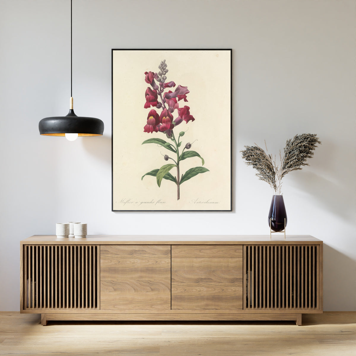Framed art print of Choix des plus belles fleurs, Plate 49: Antirrhinum by Pierre-Joseph Redouté, above a slatted wood sideboard