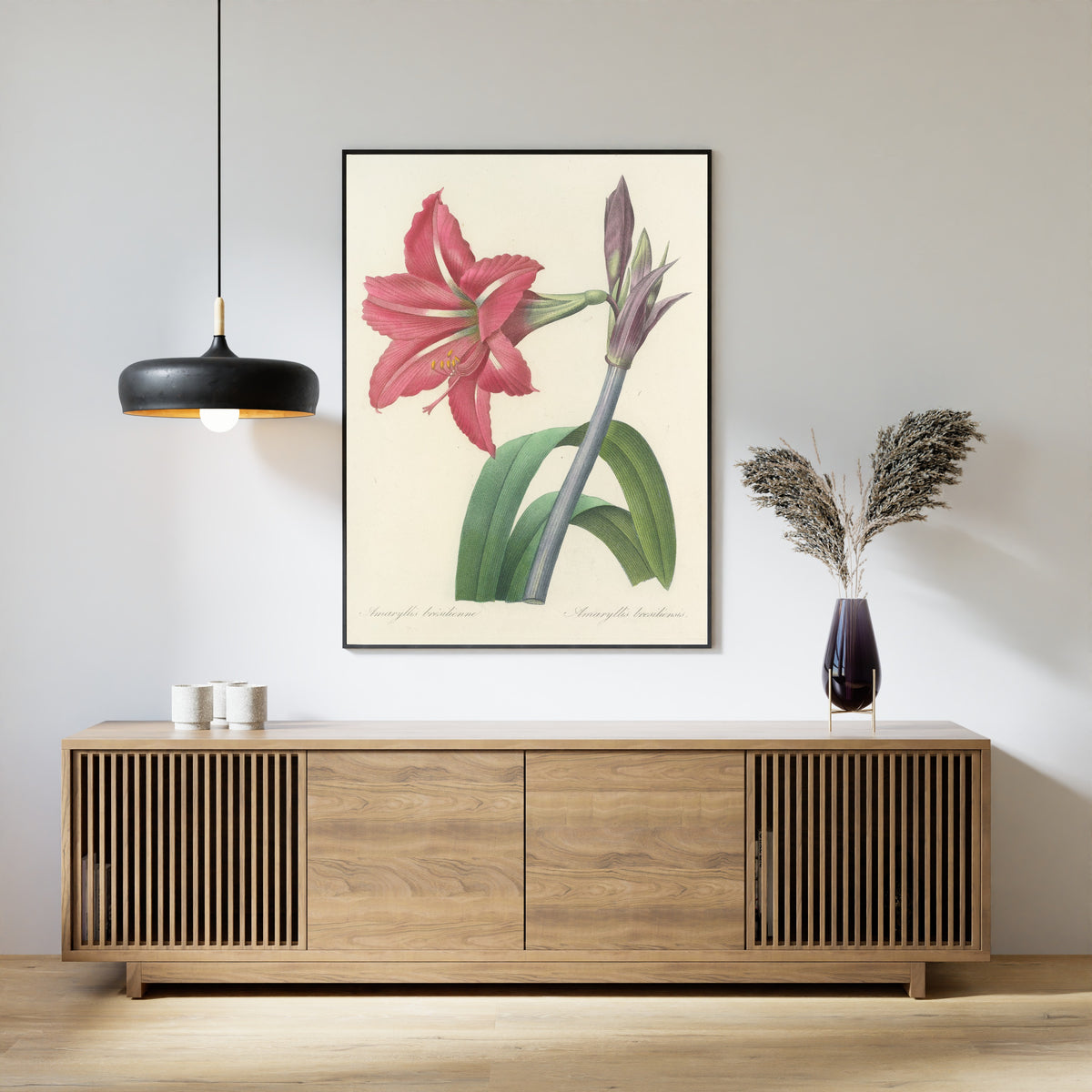 Framed art print of Choix des plus belles fleurs, Plate 5: Amaryllis Bresiliensis by Pierre-Joseph Redouté, above a slatted wood sideboard