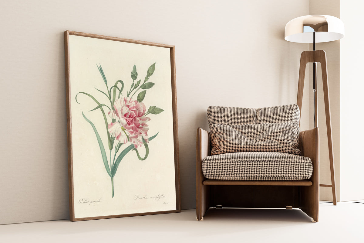 Framed art print of Choix des plus belles fleurs, Plate 56: Dianthus… by Pierre-Joseph Redouté, leaning against a wall beside an armchair and a floor lamp