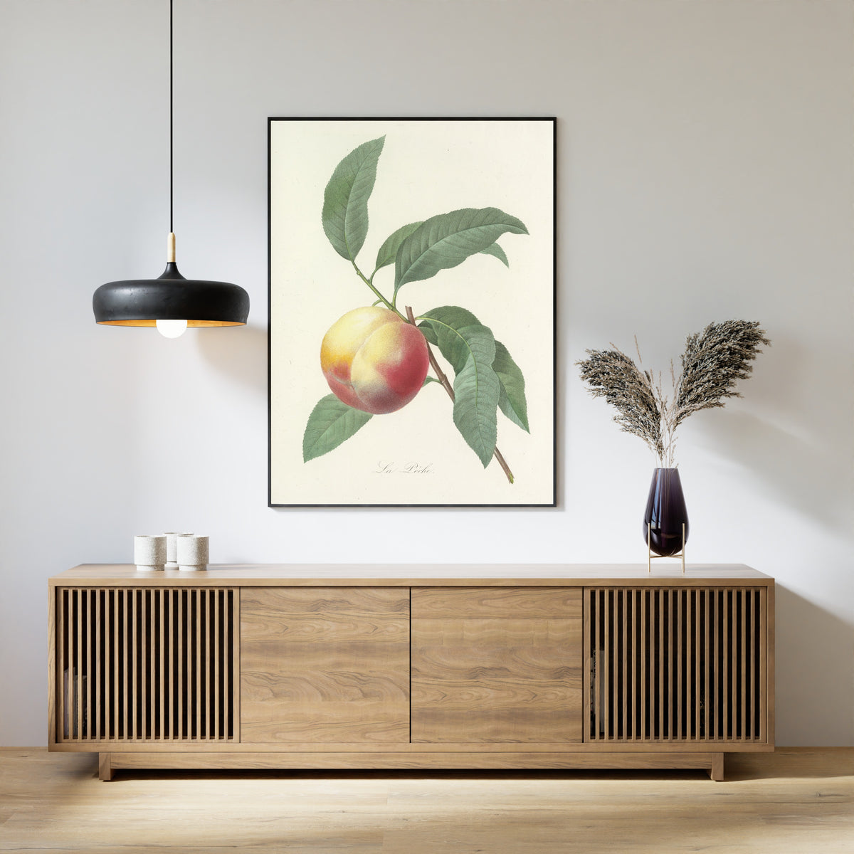Framed art print of Choix des plus belles fleurs, Plate 64: La Pêche by Pierre-Joseph Redouté, above a slatted wood sideboard