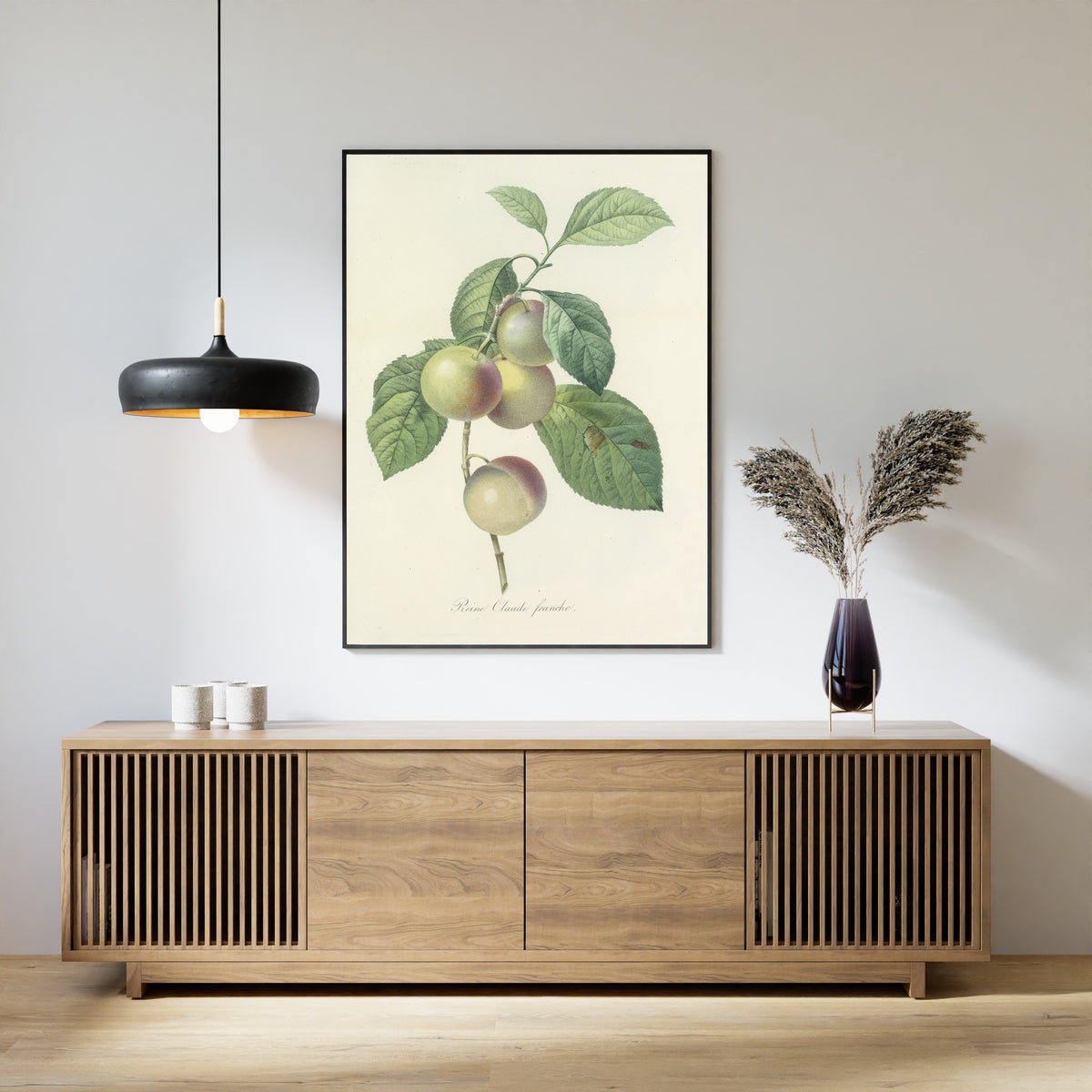 Framed art print of Choix des plus belles fleurs, Plate 85: Reine Claude Franche by Pierre-Joseph Redouté, above a slatted wood sideboard