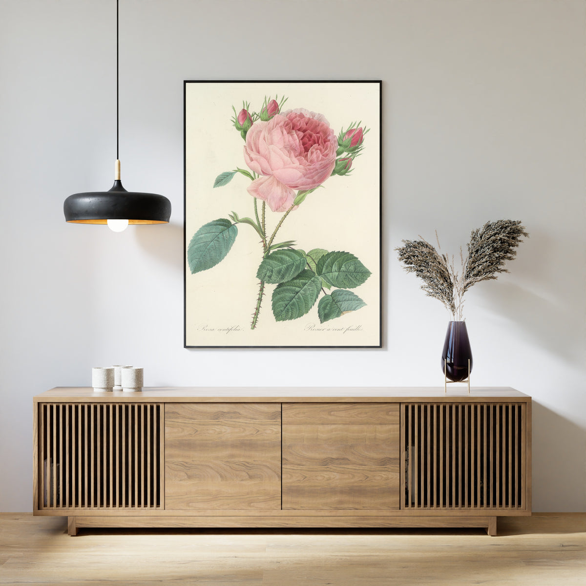 Framed art print of Choix des plus belles fleurs, Plate 86: Rosa Centifolia by Pierre-Joseph Redouté, above a slatted wood sideboard