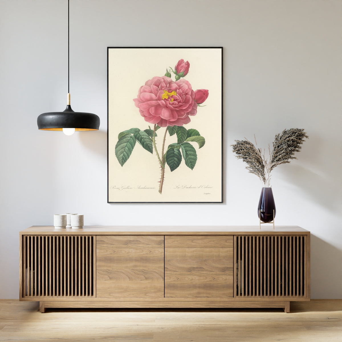 Framed art print of Choix des plus belles fleurs, Plate 90: Rosa Gallica Aurelianensis by Pierre-Joseph Redouté, above a slatted wood sideboard