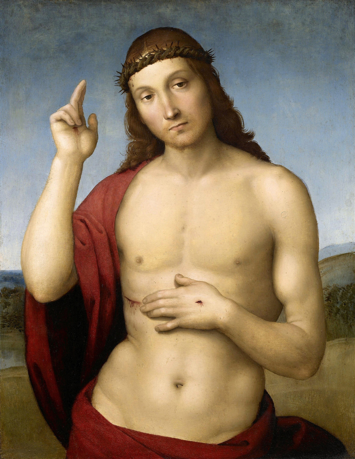 Christ Blessing (Pax Vobiscum) by Raphael — Christ raises his hand in blessing before a pale sky