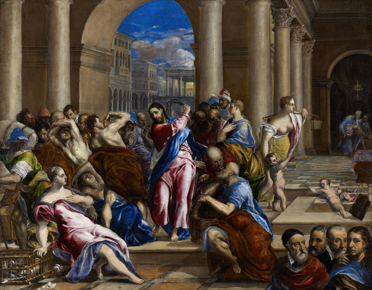 Christ Driving the Money Changers from the Temple by El Greco — Christ drives a crowd from a columned temple with a scourge
