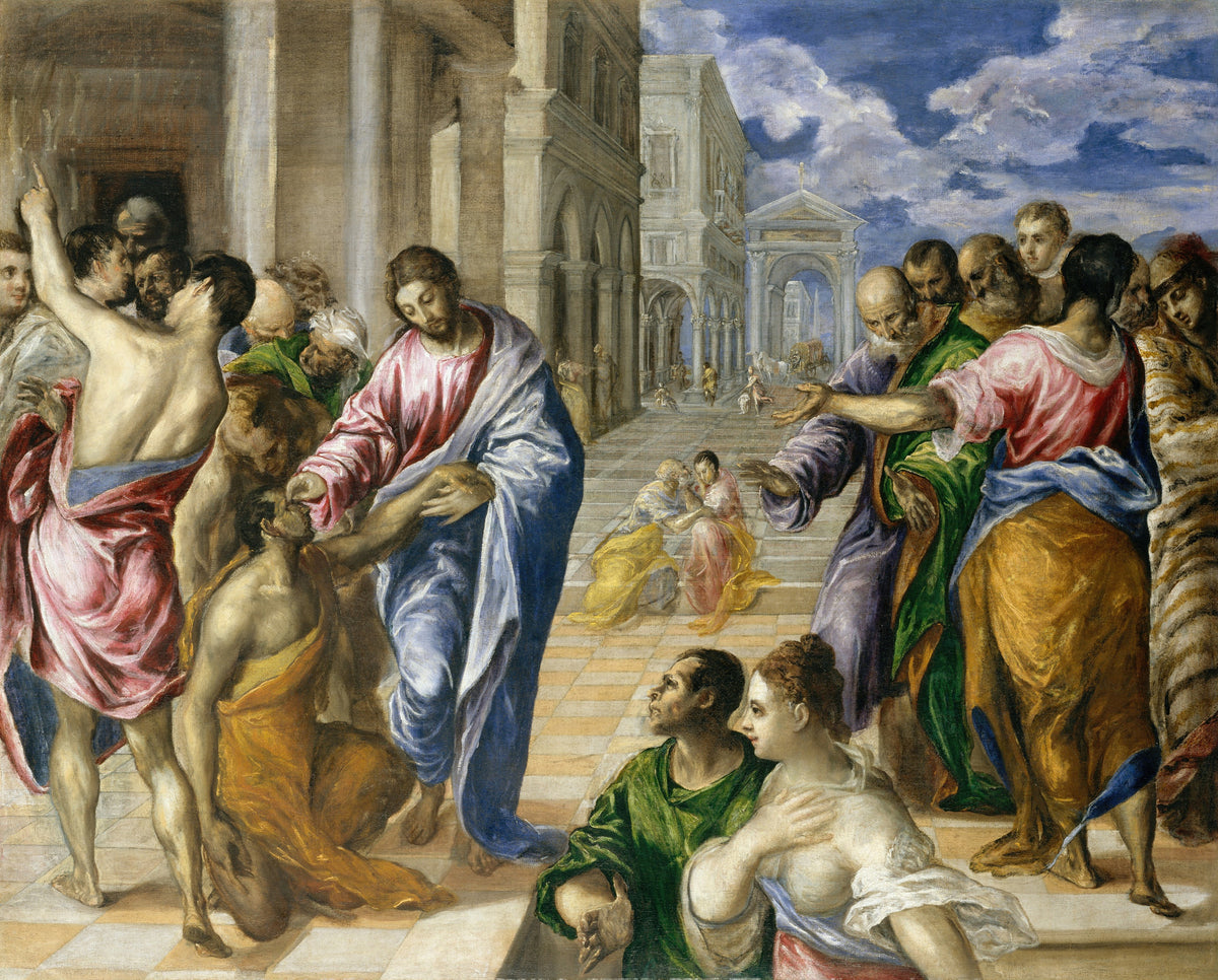 Christ Healing the Blind by El Greco — Christ touches the face of a kneeling man in a chequered square