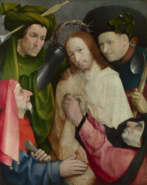 Christ Mocked (The Crowning with Thorns) by Hieronymus Bosch — Four tormentors crowd round Christ as a crown of thorns is lowered