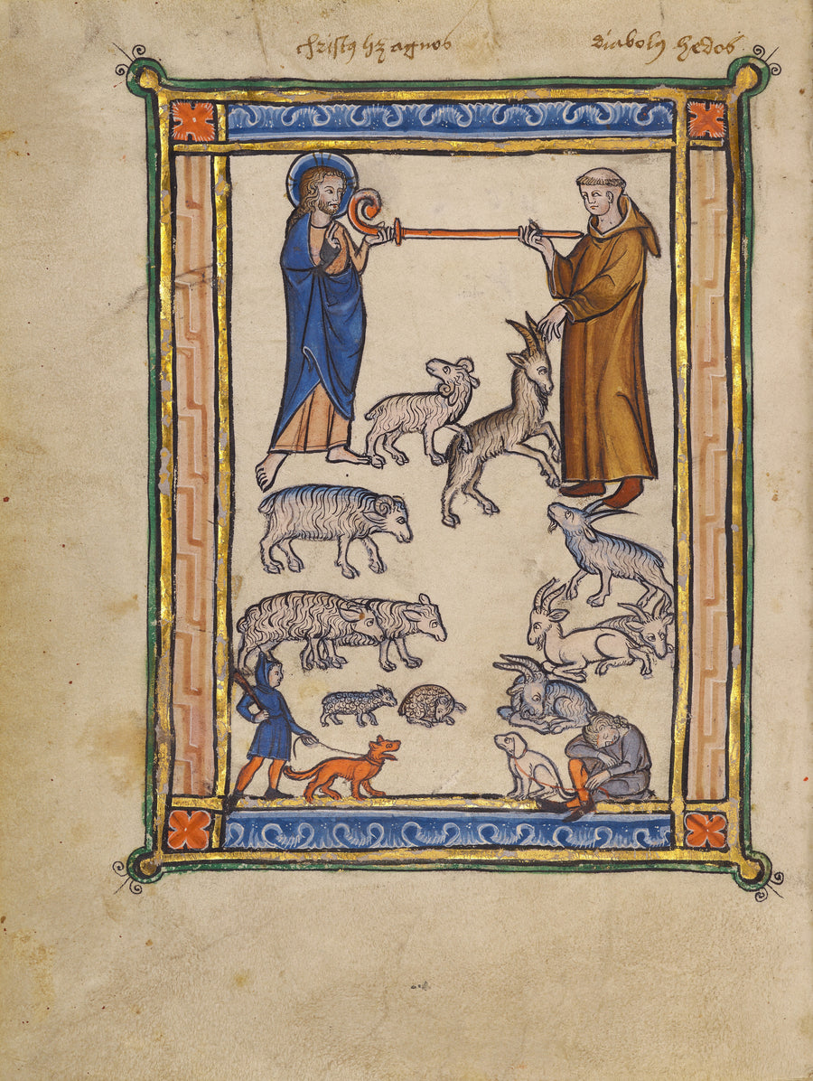 Christ and a Monk and Two Shepherds | Illuminated Manuscript Print shown to scale on a wall above a sofa
