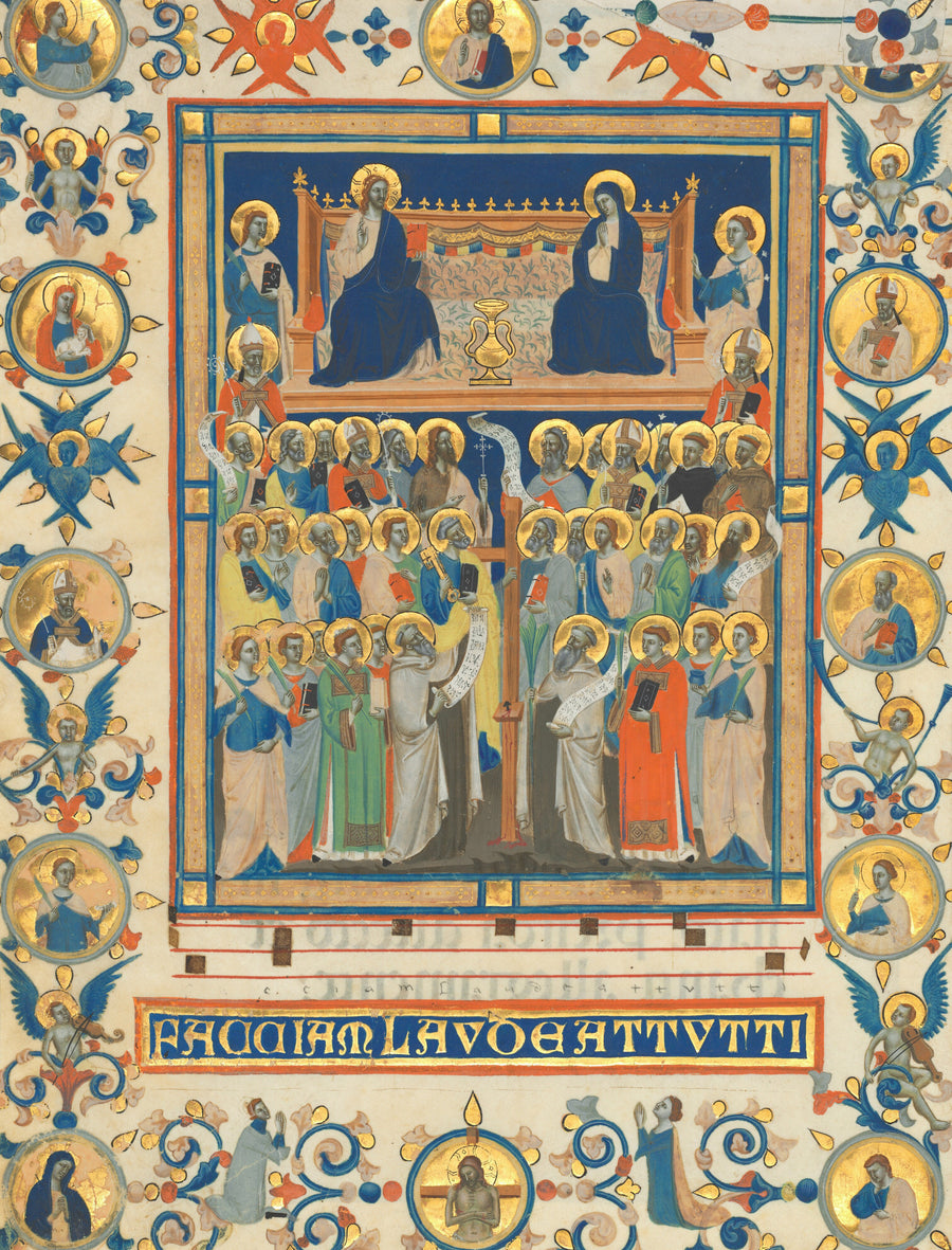 Master of the Dominican Effigies — Christ and the Virgin Enthroned with Forty Saints | Illuminated Manuscript Print shown to scale on a wall above a sofa