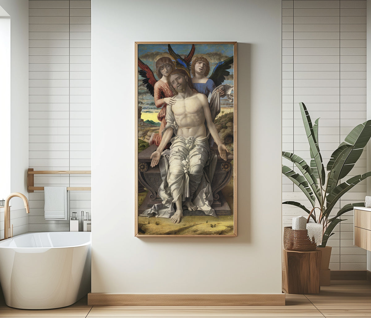 Framed art print of Christ as the Suffering Redeemer by Andrea Mantegna, in a bathroom beside a freestanding tub