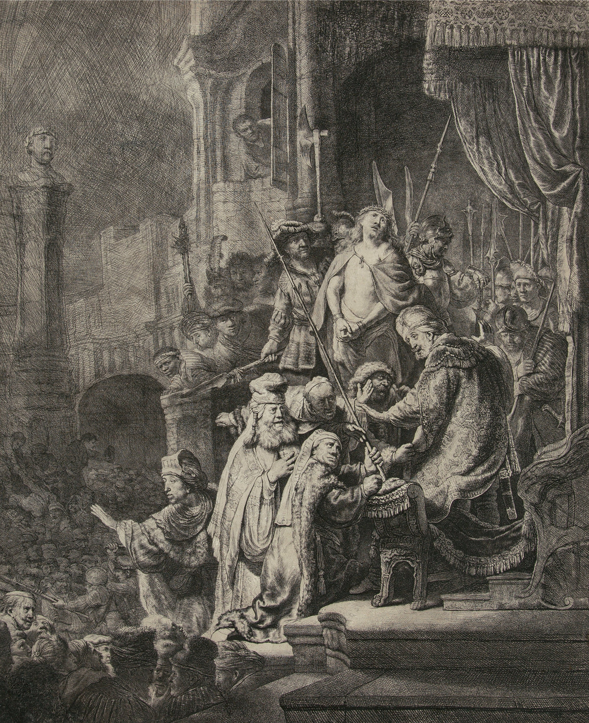 Christ before Pilate: Large Plate by Rembrandt van Rijn — A governor leans from his dais towards elders pressing for judgement