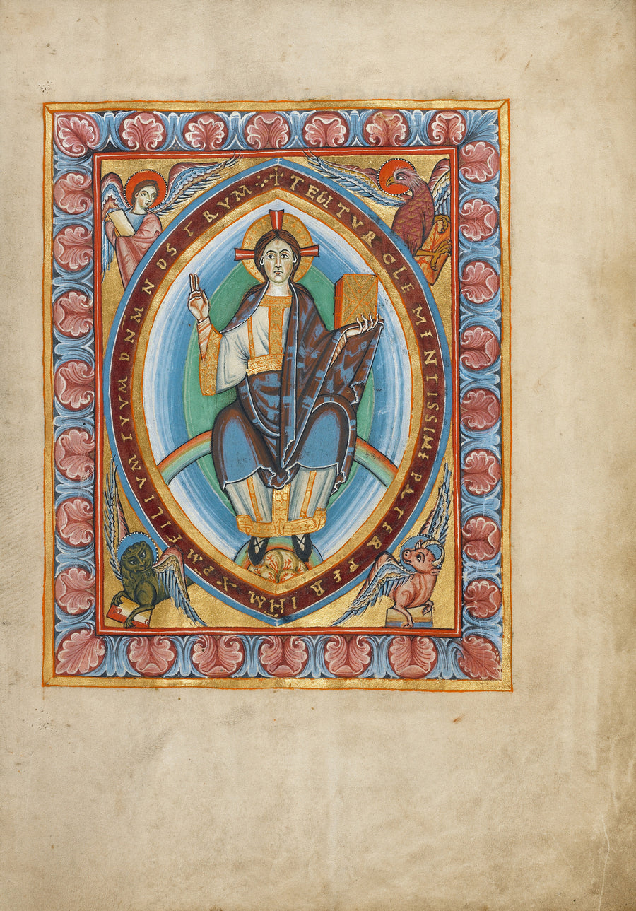Christ in Majesty | Illuminated Manuscript Print shown to scale on a wall above a sofa