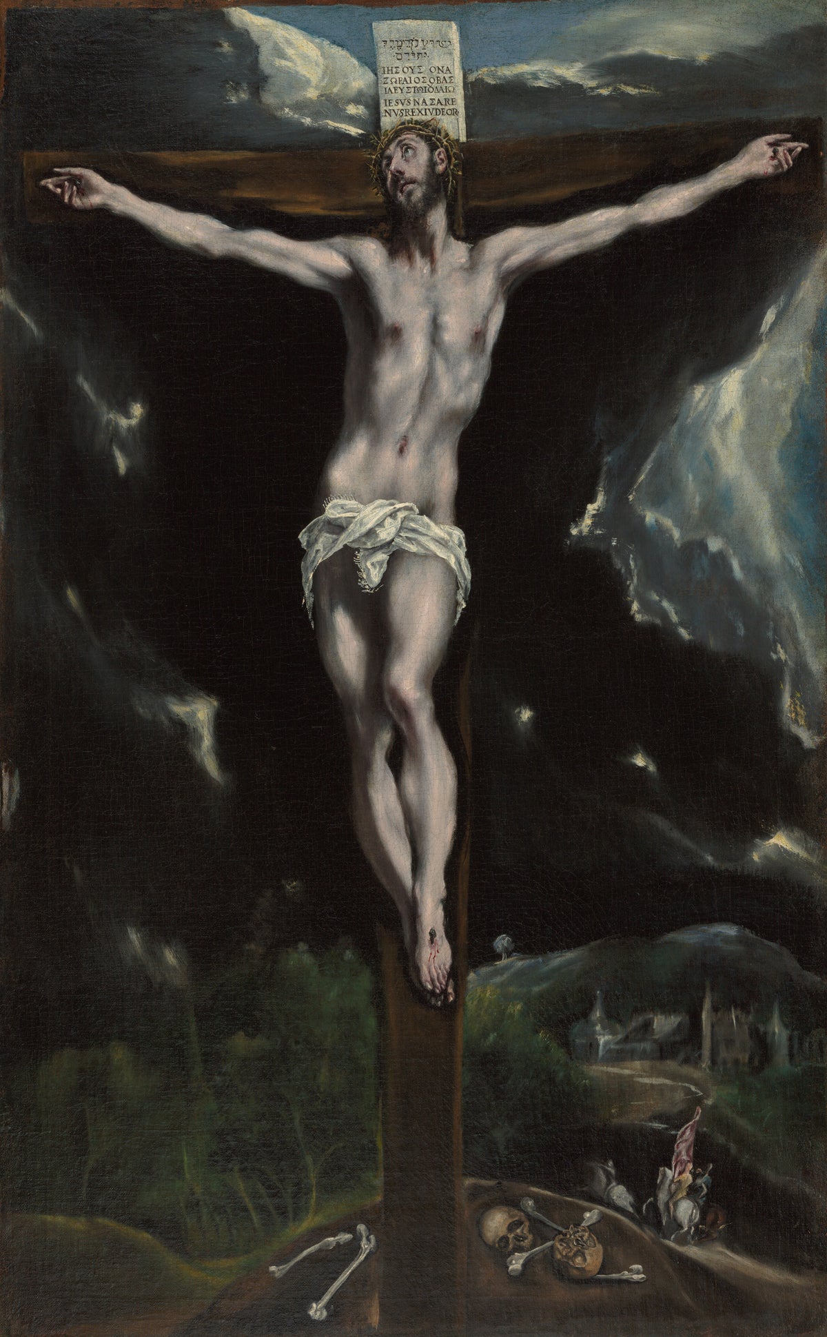 Christ on the Cross by El Greco — Christ on the cross against a black storm sky above a hill of bones