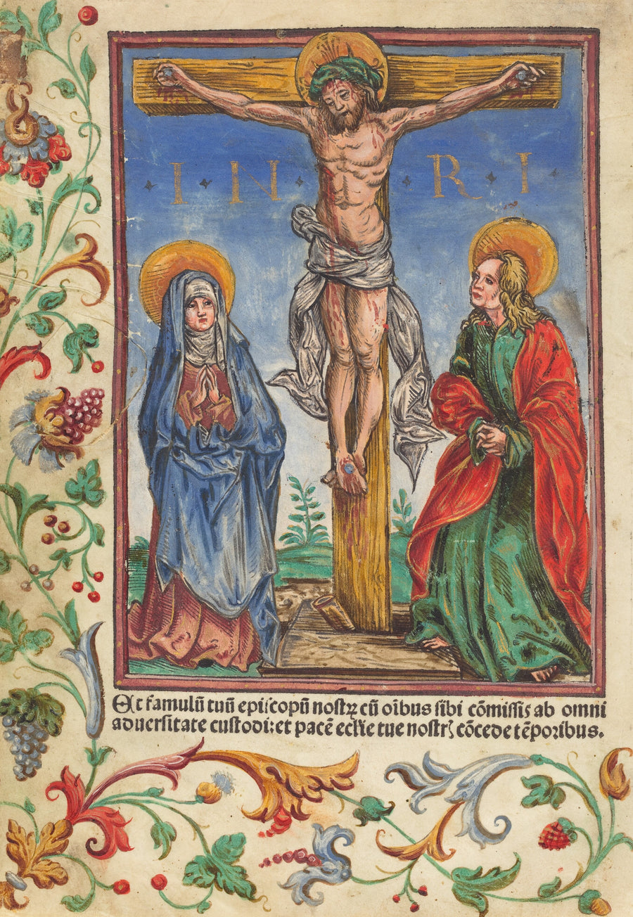 Hans Burgkmair I (attributed) — Christ on the Cross | Hand-Coloured Woodcut Print shown to scale on a wall above a sofa