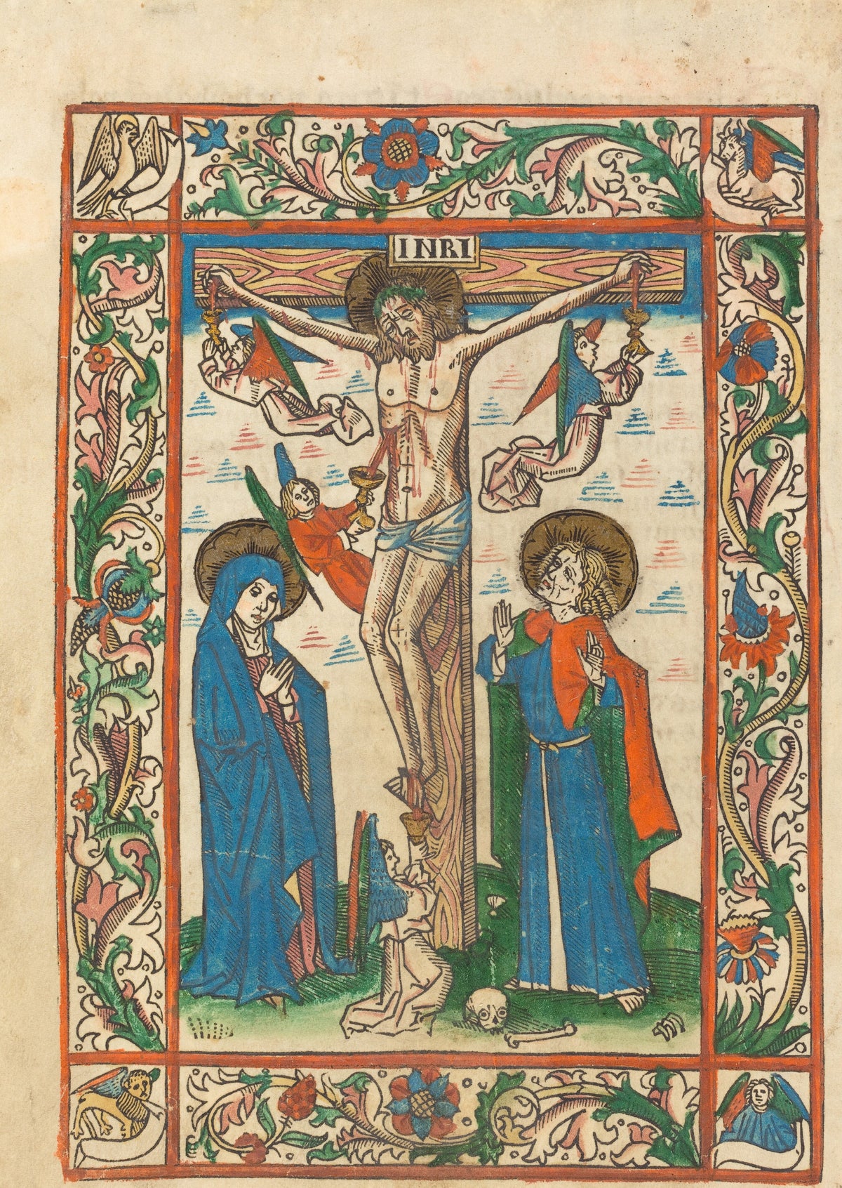 Christ on the Cross with Angels | Hand-Coloured Woodcut Print