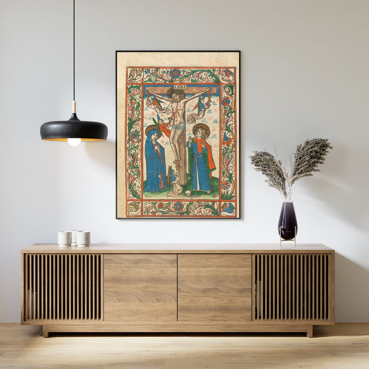 Christ on the Cross with Angels | Hand-Coloured Woodcut Print
