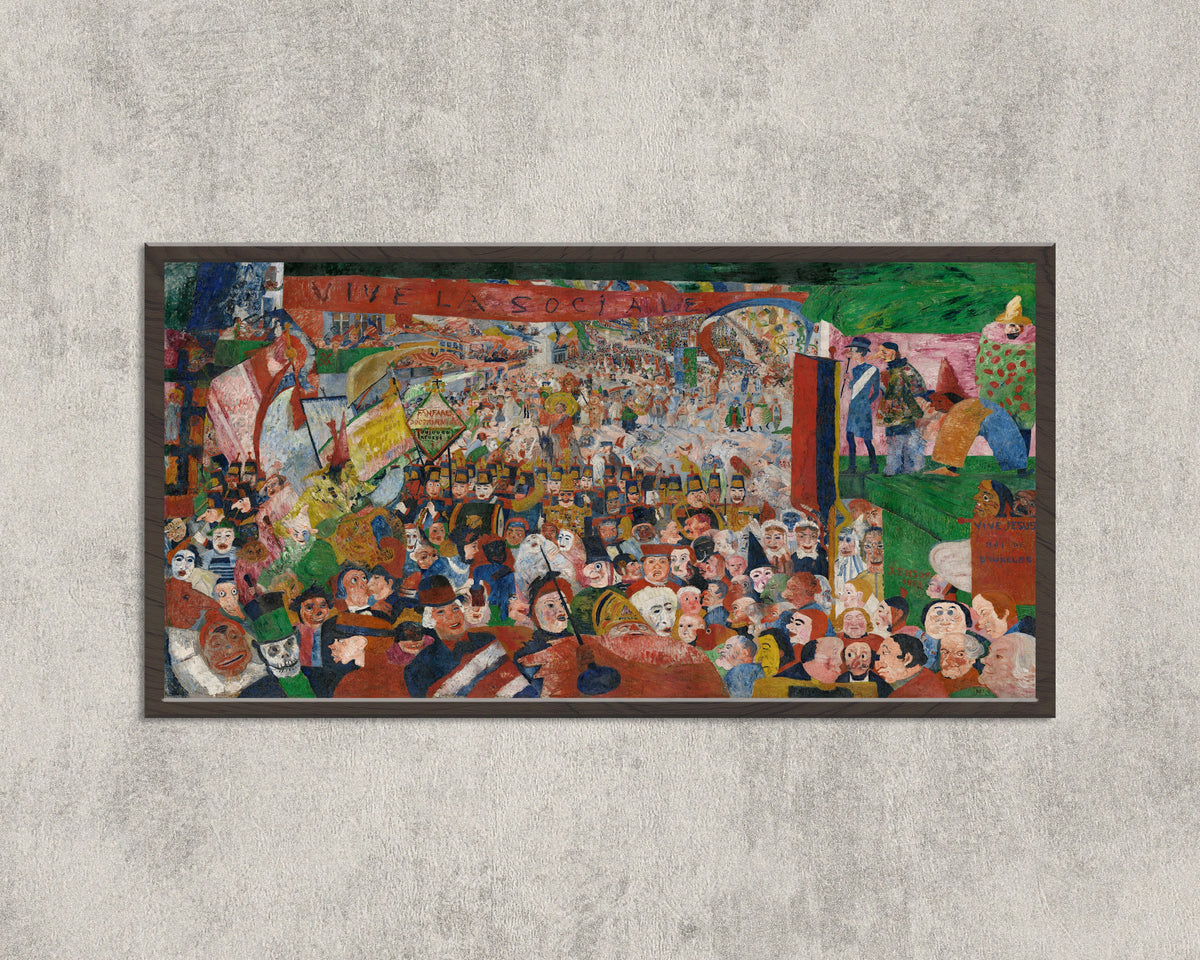 Framed art print of Christ's Entry into Brussels in 1889 by James Ensor, in a wide black frame on a concrete wall