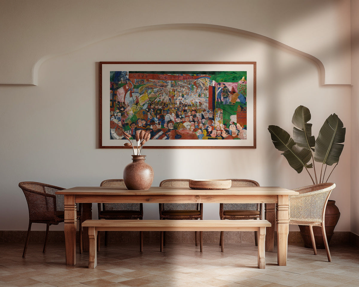 Framed art print of Christ's Entry into Brussels in 1889 by James Ensor, above a wooden dining table