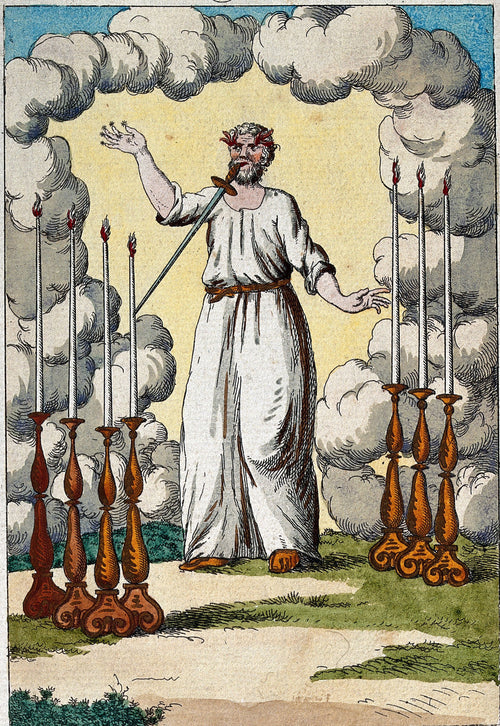 Christ with a Sword in His Mouth between Seven Candlesticks by After Nicolas Flamel — A robed figure with a sword in his mouth among seven candlesticks