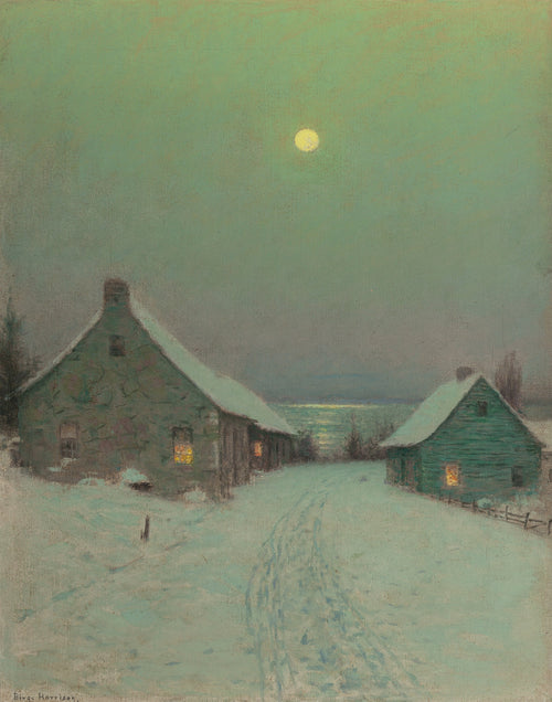 Christmas Eve by Birge Harrison — Lit windows glow in a moonlit snow lane under a green sky