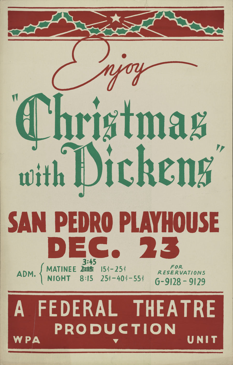 Christmas with Dickens, San Pedro Playhouse | Vintage Christmas Print shown to scale on a wall above a sofa