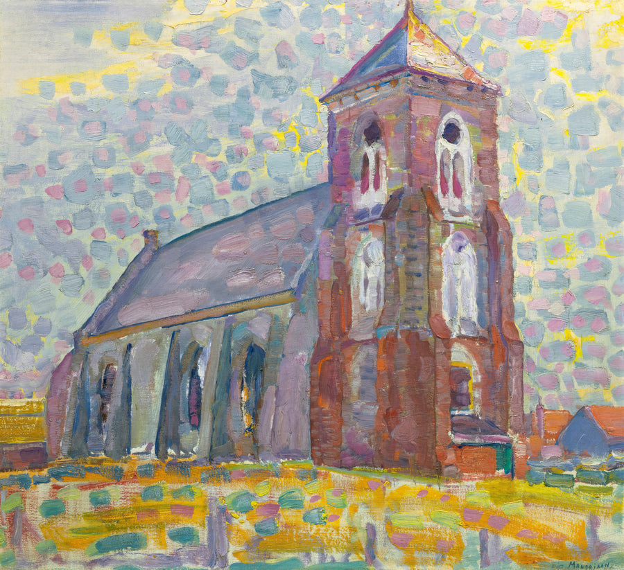 Piet Mondrian — Church In Zoutelande | Art Print shown to scale on a wall above a sofa